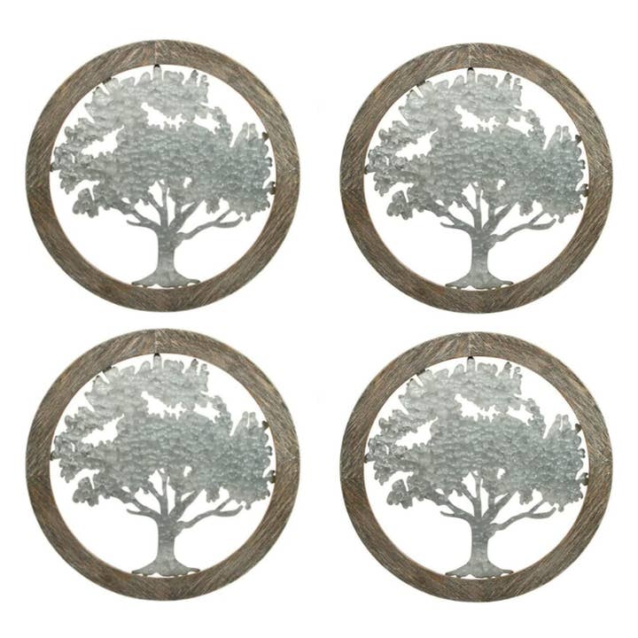 Hosley® Wood Wall Décor with Metal Tree 20x20 Set of 4 for wholesale by Hosley