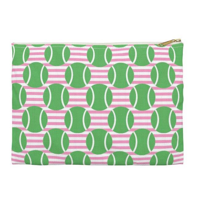 Canvas Pouch - Green Tennis Balls on Pink Stripes for wholesale by Peachy Pendants