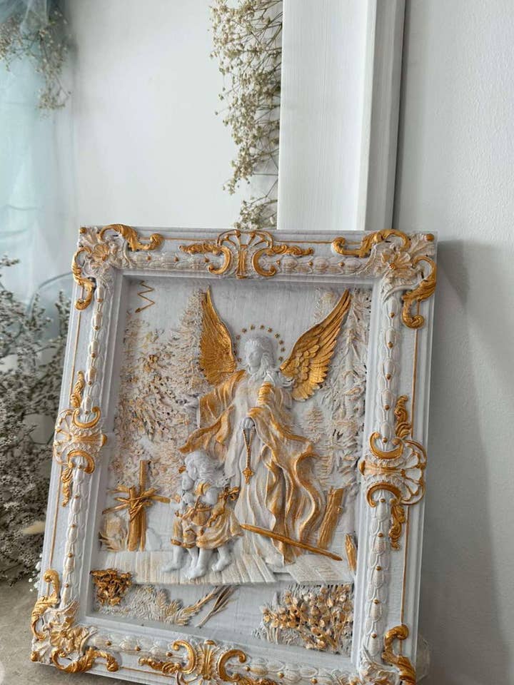Placa de pared de ángel con niños decoración cristiana hecha a mano para venta al por mayor de KozakWorkshop