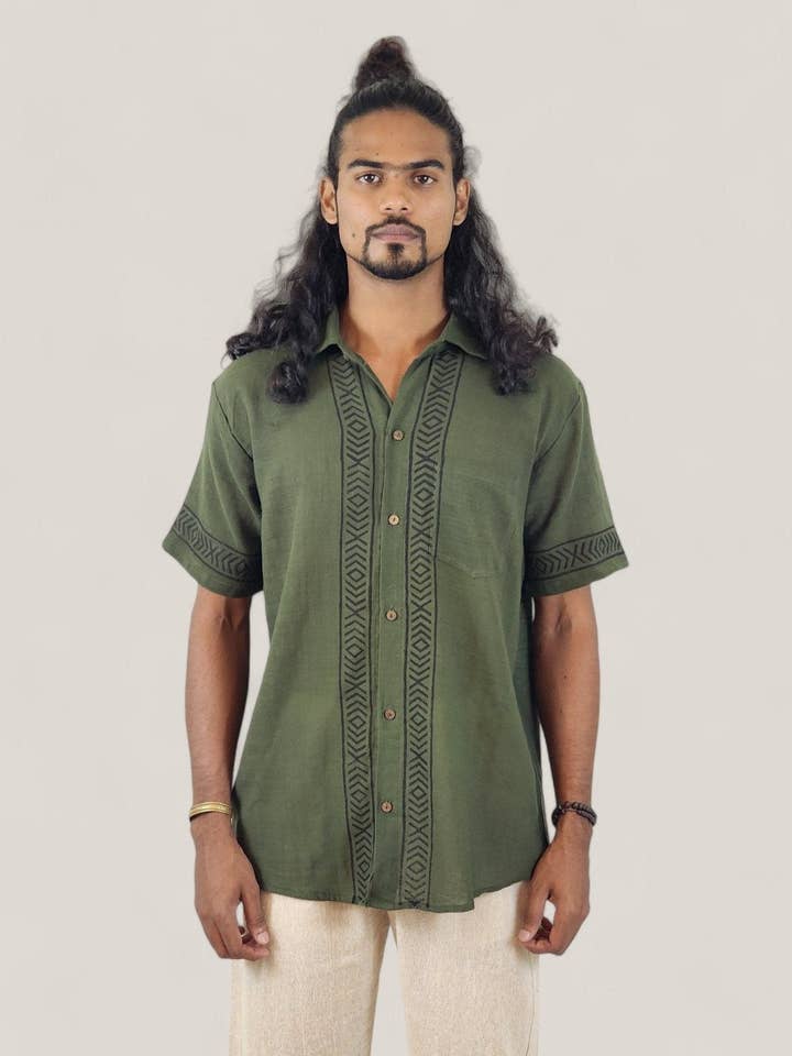 Sacred Ceremony - Wholesale Button Down Shirt - Men's - Men's Green Organic Linen Short Sleeve Block-Printed Button-Down Shirt1