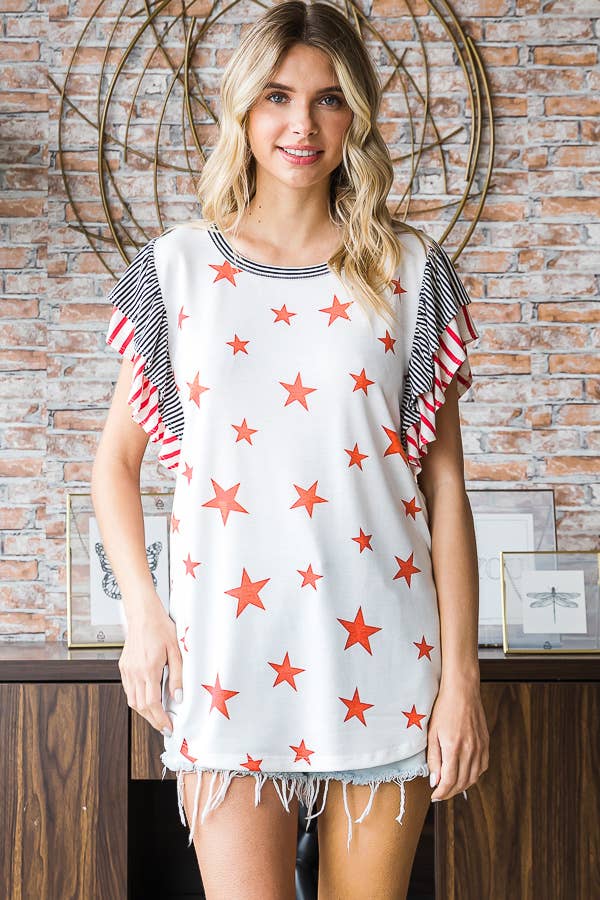 7th Ray - Venta al por mayor Túnica - Mujer - Top de manga corta con doble volante y acento de rayas de estrellas T523217
