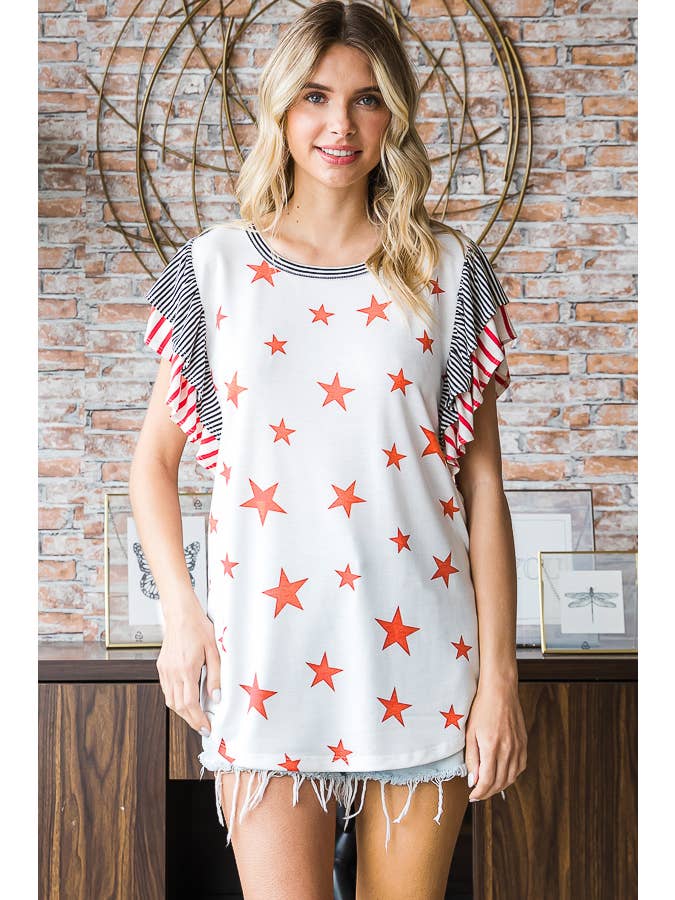 7th Ray - Wholesale Tunic - Women's - Star Print Stripe Accent Double Ruffle Short Sleeve TopT523217
