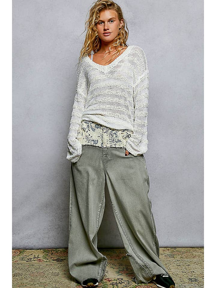 Pol Clothing - Wholesale Knit Sweater - Women's - V Neck Long Sleeve Striped Knit Acrylic Thin Sweater SALE26