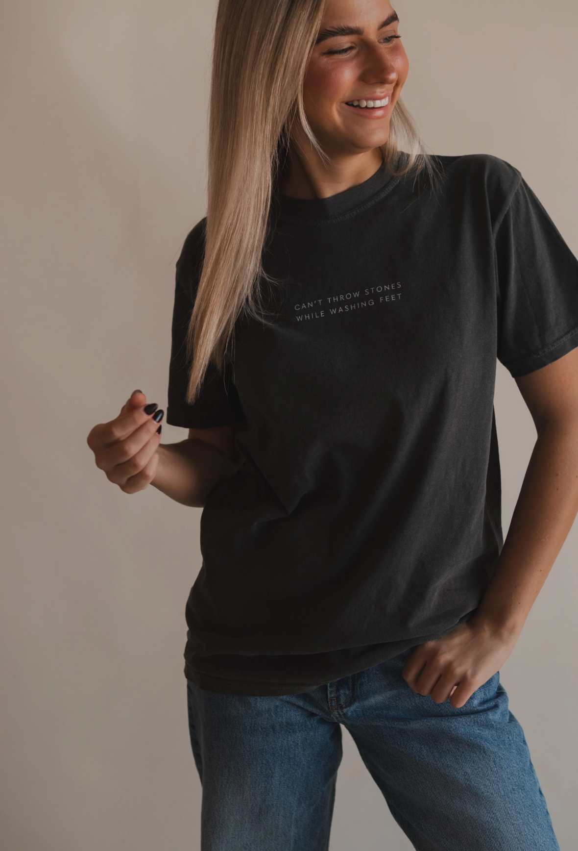 Dear Heart - Wholesale Screen Printed T-Shirt - Women's - Can't Throw Stones Tee- Charcoal | Christian Faith Tee4