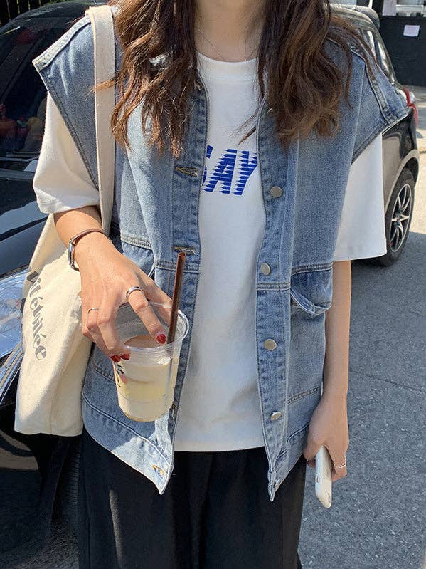 Simple Split-Joint Solid Color Denim Vest Outerwear for wholesale by StyleGalX