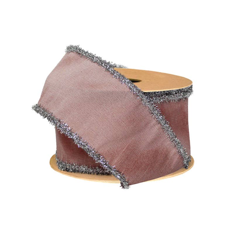 LA Ribbons Wholesale - Wholesale Ribbon – Gift wrapping - 2 1/2" Wired Dupioni Ribbon w / Lurex Trim | Pink/Silver | 10 Yard Roll