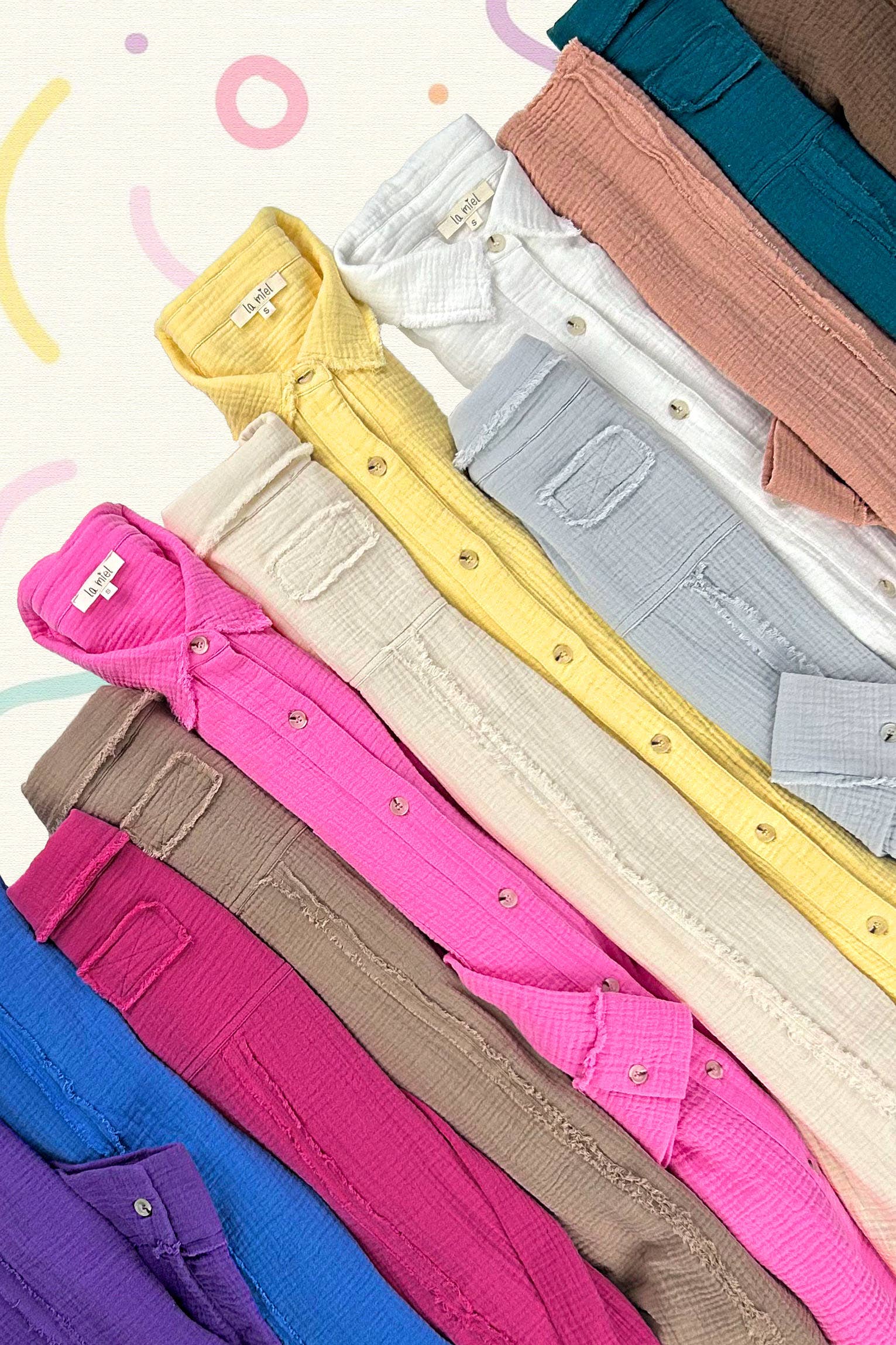 La Miel - Wholesale Button Down Shirt - Women's - SRT7448-Soft Washed Crinkled Gauze Button Down Shirts43