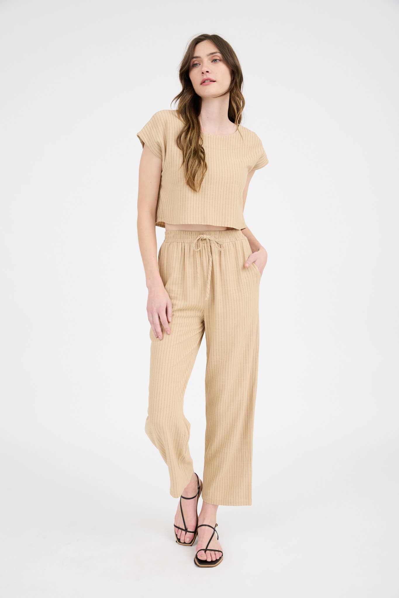 MINE - Wholesale Pants - Women's - PINSTRIPE DRAWSTRING STRAIGHT LEG LINEN PANTS3
