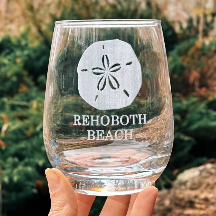 Custom Location / State Etched Stemless Wine Glass for wholesale by Reclaimed Maine Co.