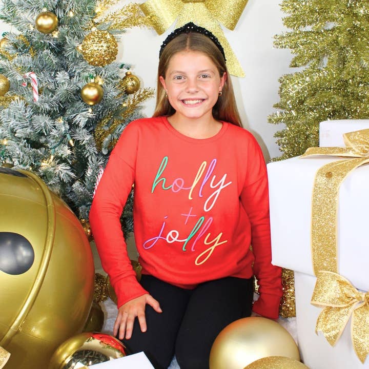 Holly + Jolly puff Embroidery christmas sweatshirt for wholesale by Sweet Soul