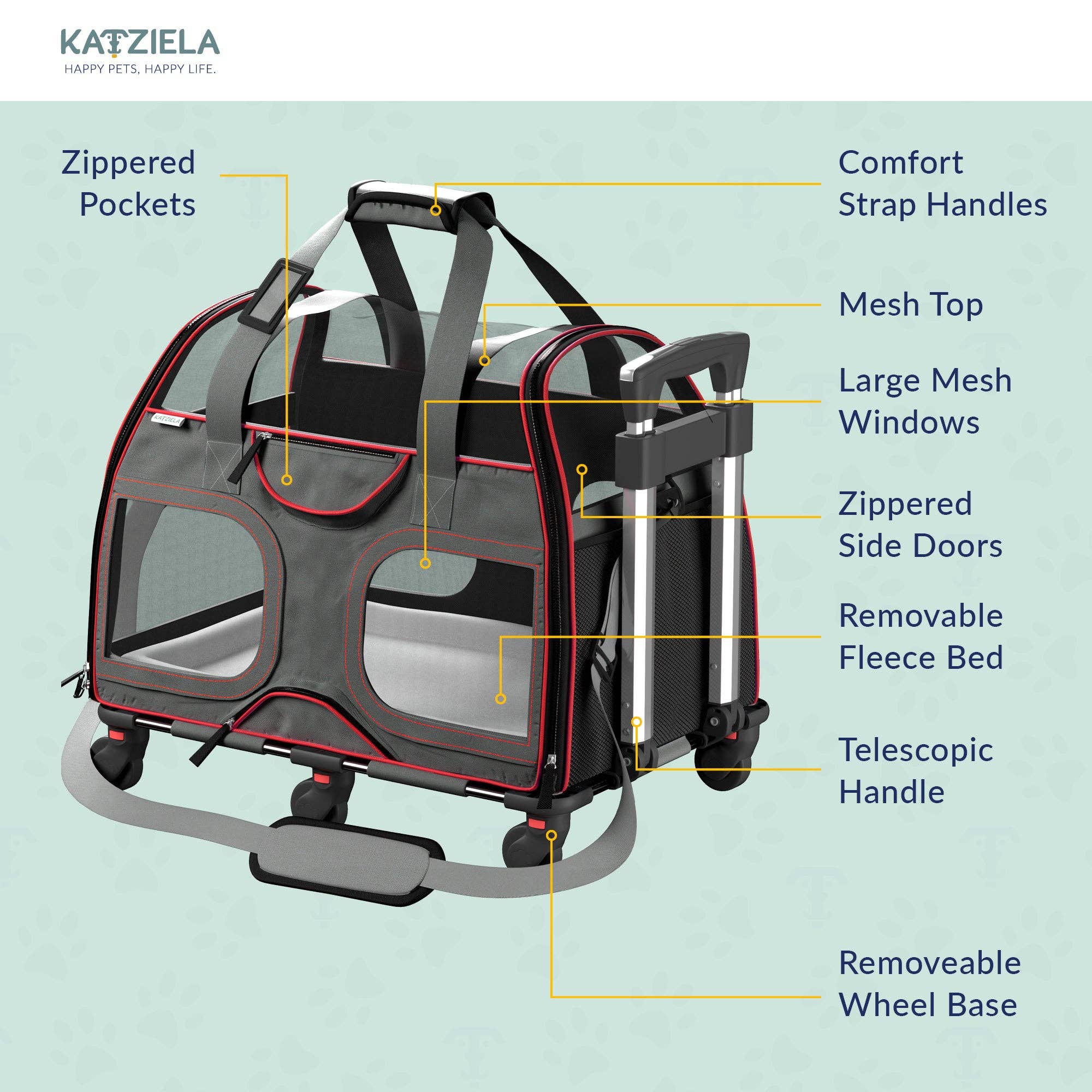 Katziela - Vente Caisse de transport – chat et chien - Sac de transport pour animaux Luxury Rider avec roulettes amovibles - 4 couleurs6