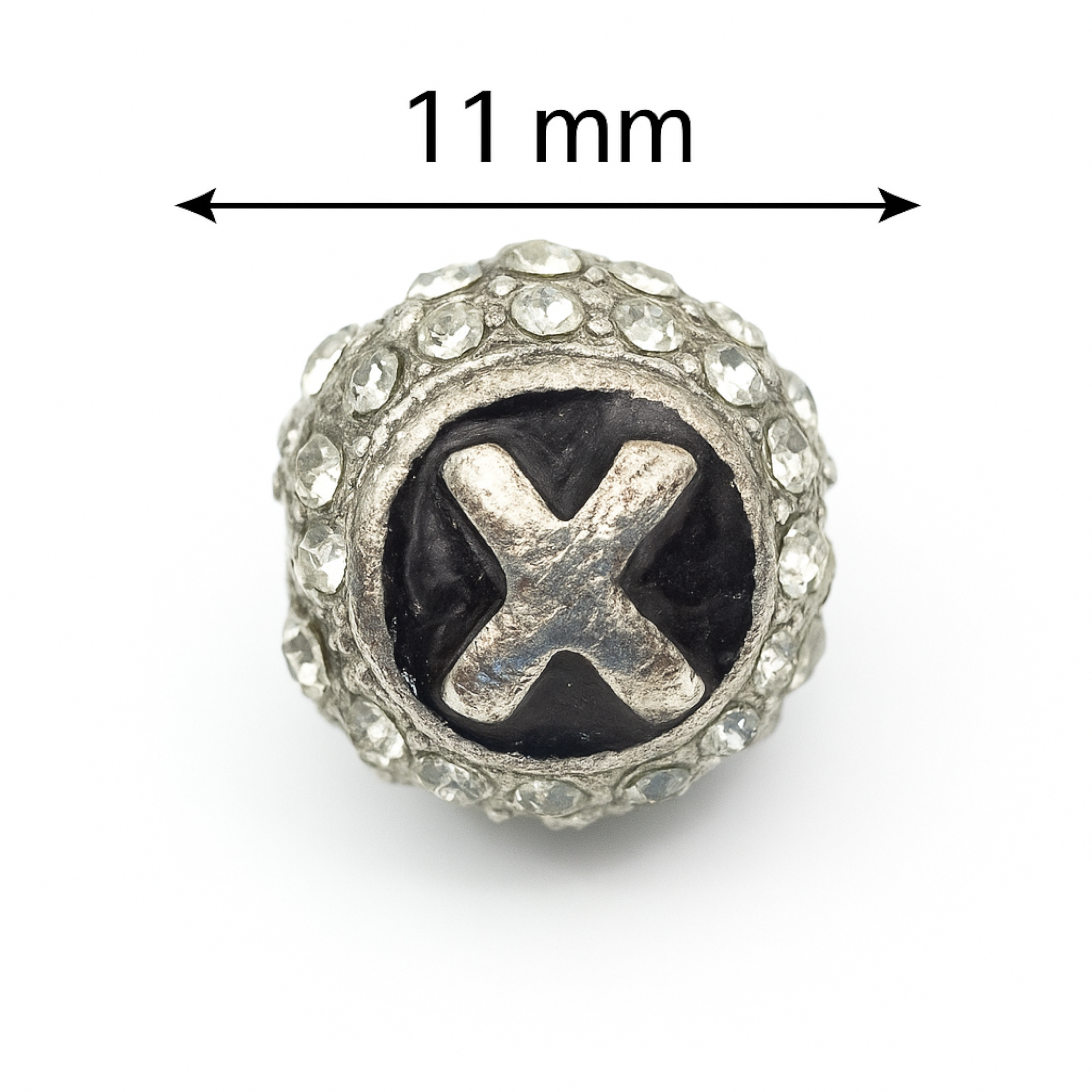 Only Beads - Wholesale Individual Charm/Pendant - Silver 11mm Double-Sided Letter “X” Rhinestone Round Beads 1