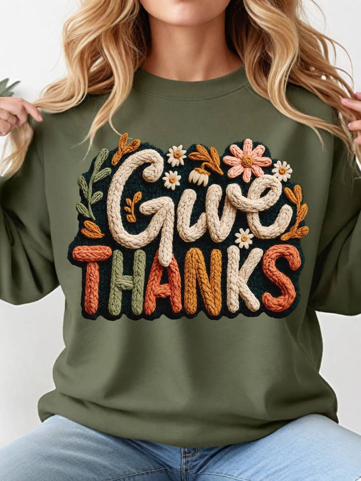 Sweat-shirt "Give Thanks" - Vert Olive, Manches Longues, Décontracté pour la vente par SWAG Tees