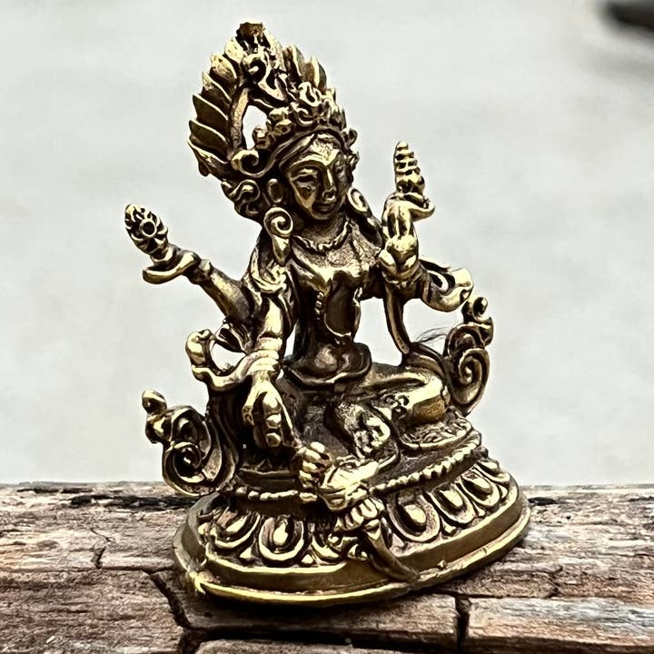 Small Brass Female Buddha Green Tara Dolma Statue - Nepal for wholesale by Lungta Imports