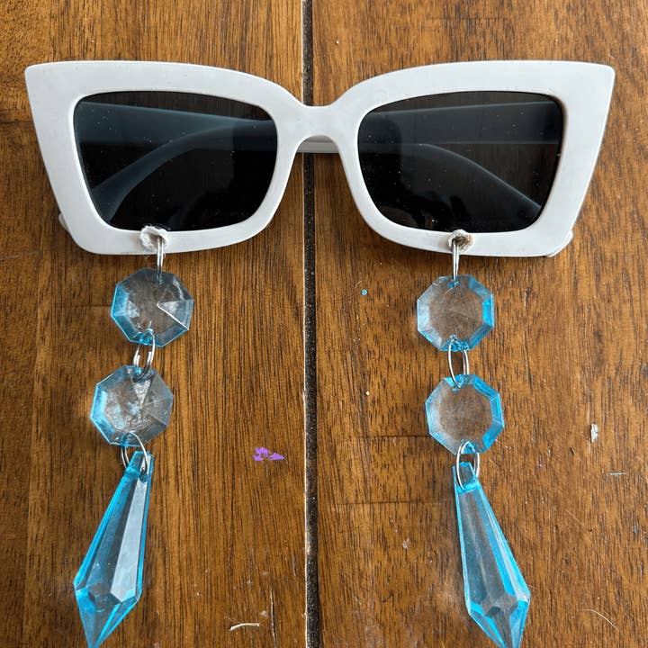 White Cat-Eye Sunglasses with Blue Crystal Drops for wholesale by The Modern Alien