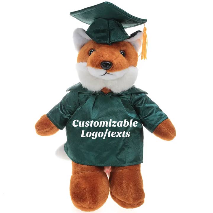 11″ Personalized Graduation Fox Plush in Custom Cap & Gown for wholesale by Plushland