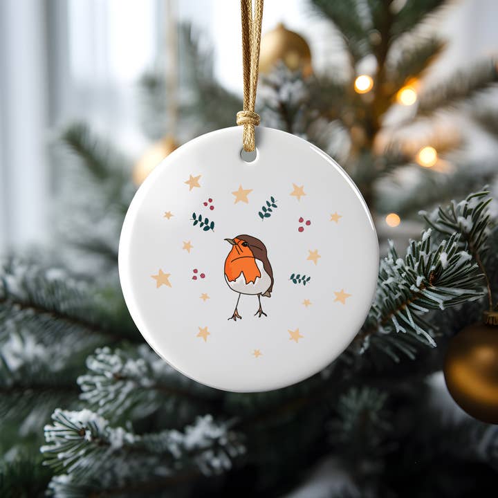 Robin with Berries Ceramic Bauble for wholesale by Frame Your World Shop