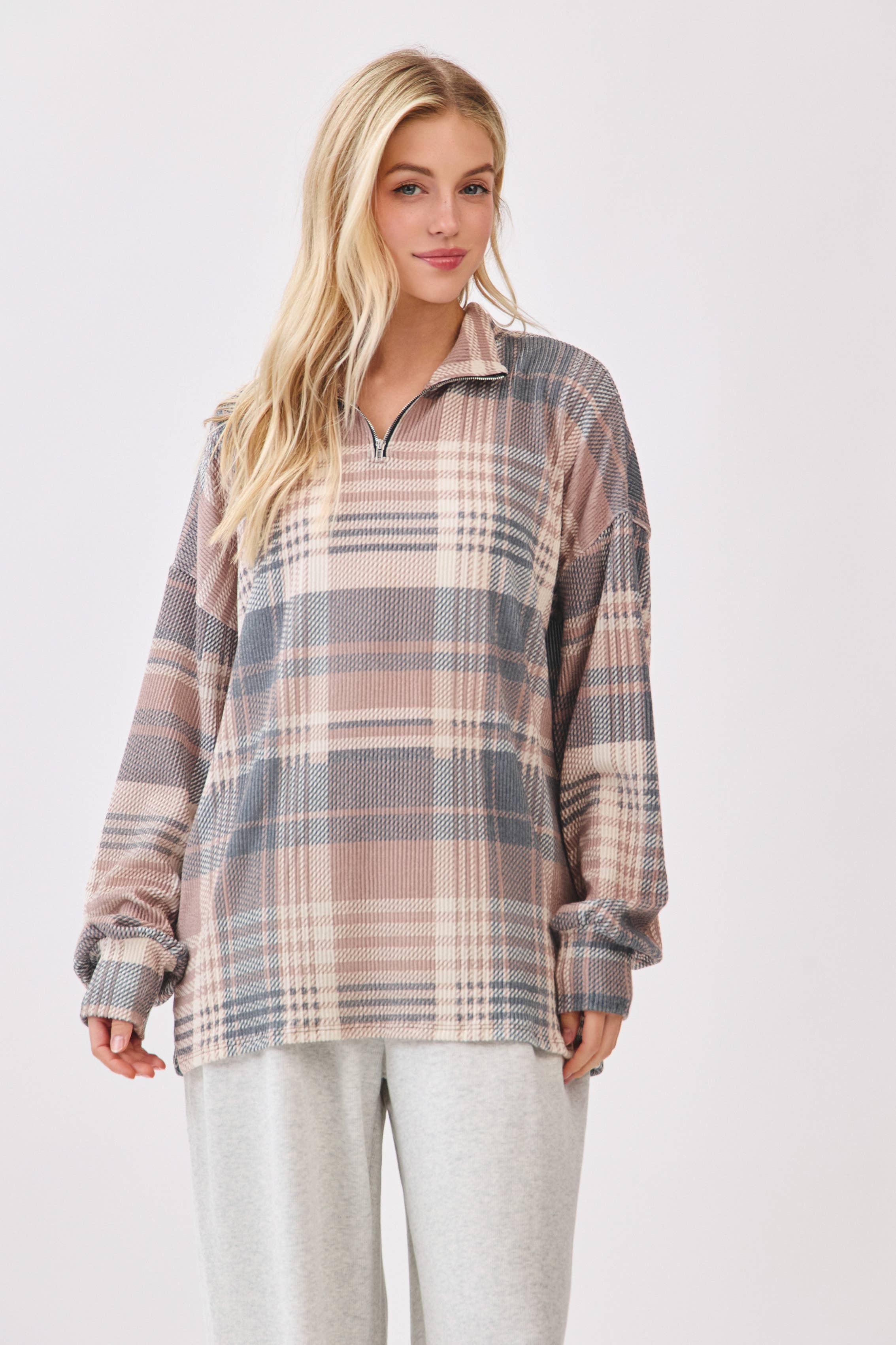 As shown TL2091 Plaid Quarter-Zip Pullover for wholesale on Faire