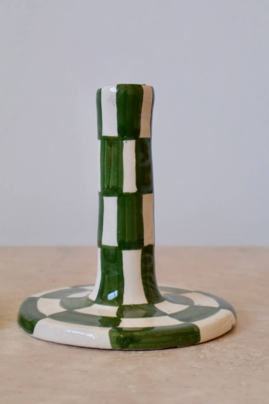 Néda - Wholesale Candle Holder - Handmade Green and White Checkered Ceramic Candle Holder3