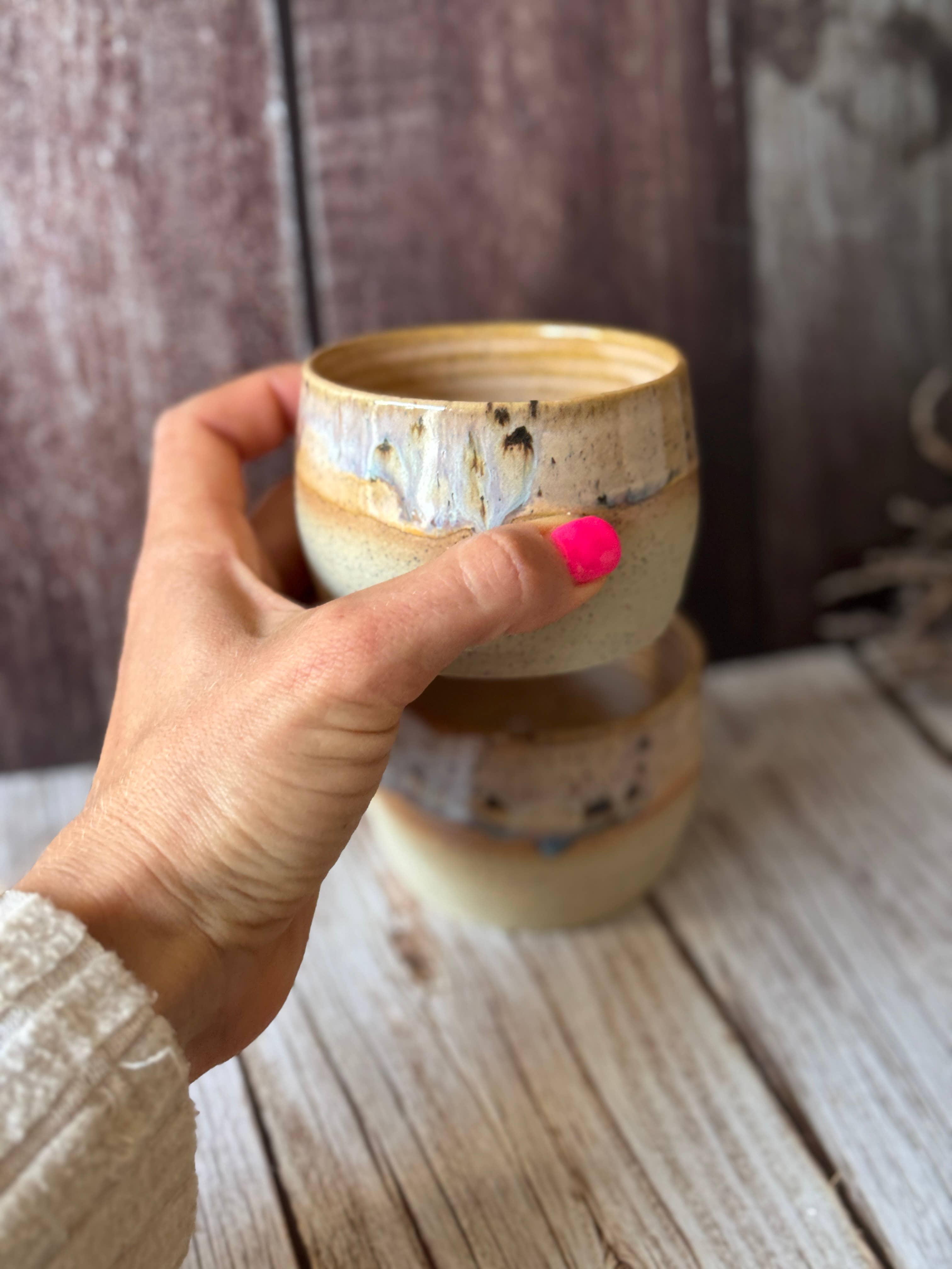 Wolf and Clay Pty Ltd - Wholesale Coffee mug - Mini hug mug in soft orange with brown spots2