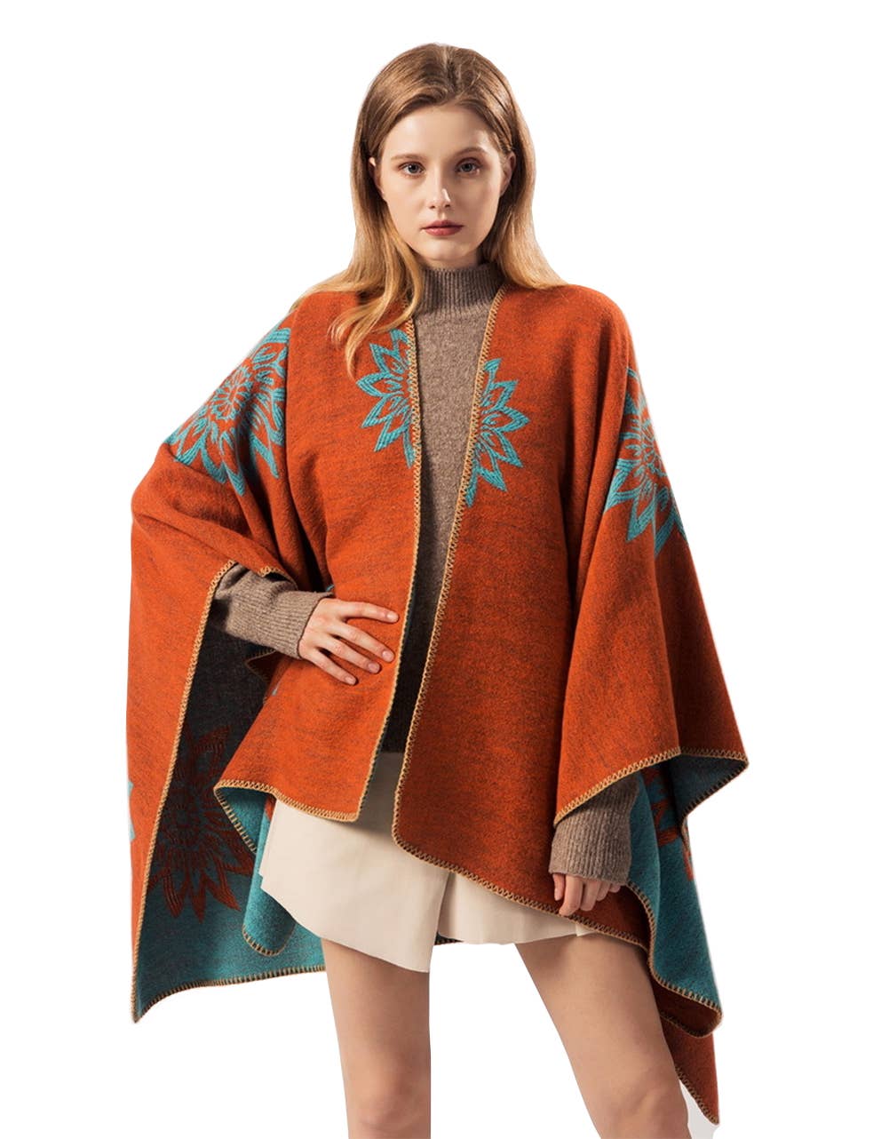 Fennco Styles - Vendita all'ingrosso Poncho - Donna - Cardigan a mantella con poncho aperto sul davanti arancione vintage in terracotta1