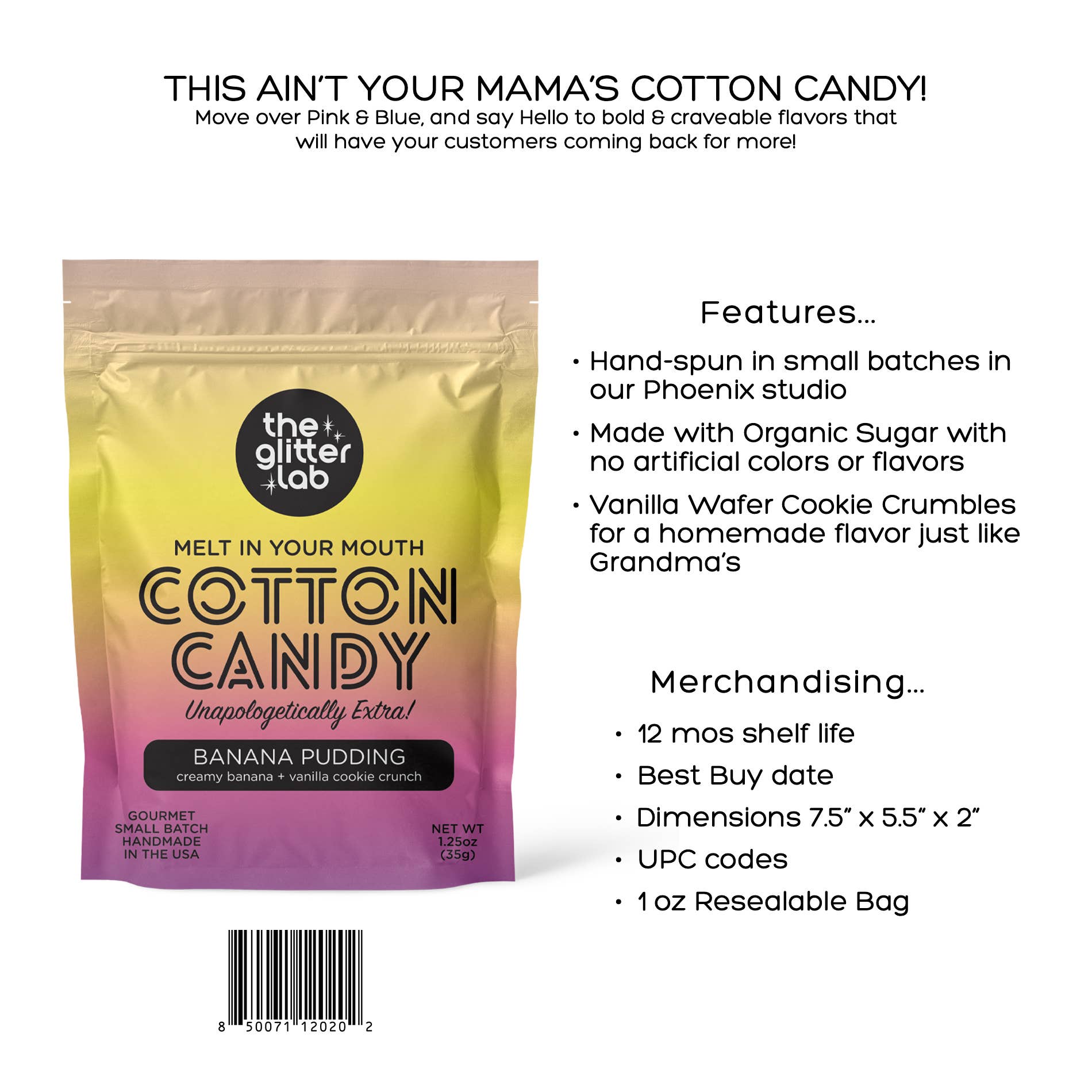 The Glitter Lab – Engroshandel Candyfloss – Banan budding gourmet candyfloss - Små batch godbidder1