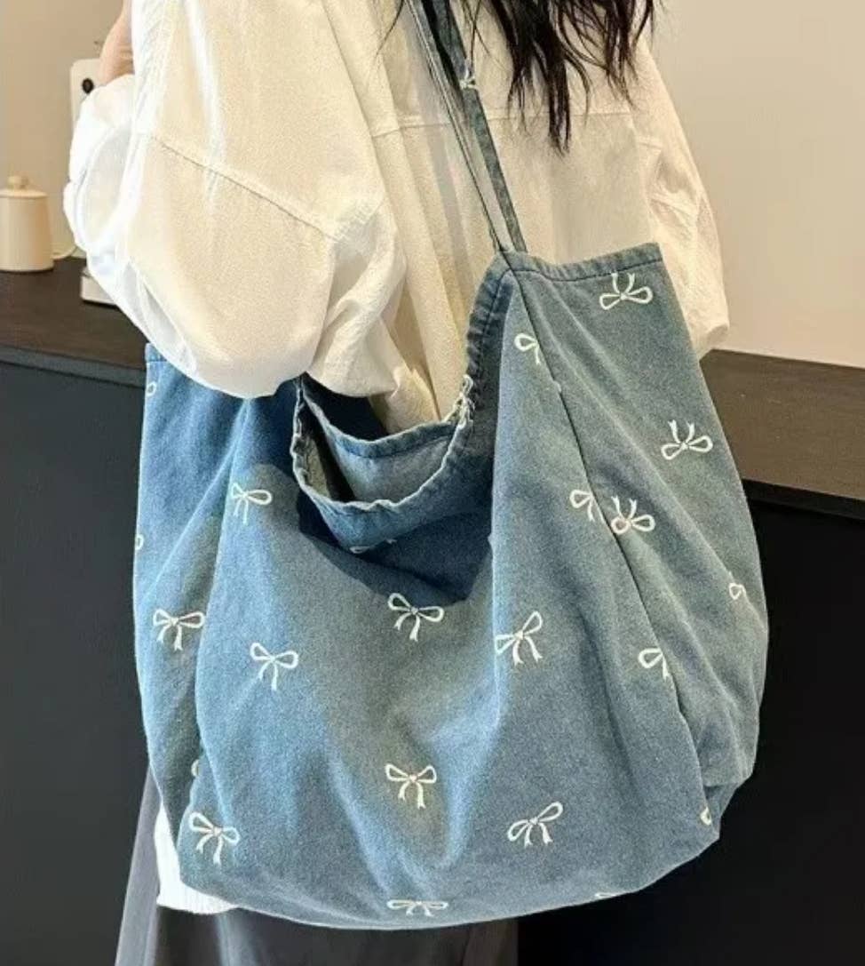 Serenity Collective - Wholesale Tote Bag - Women's - Bow Print Denim Tote Bag