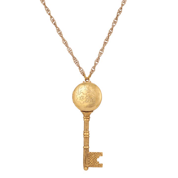 1928 Jewelry - Wholesale Pendant/Charm Necklace - 1928 Jewelry Skeleton Key Flower Pendant Locket Necklace