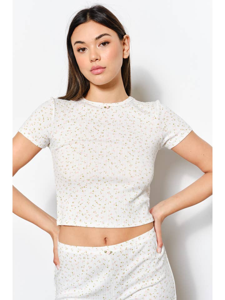 Pretty Garbage - Wholesale T-Shirt - Women's - FLORAL PRINT POINTELLE KNIT BABY TEE