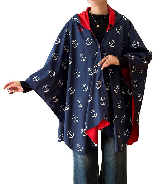Winding River - Wholesale Raincoat - Women's - Navy / Red Reversible Rain Cape - Anchor Collection