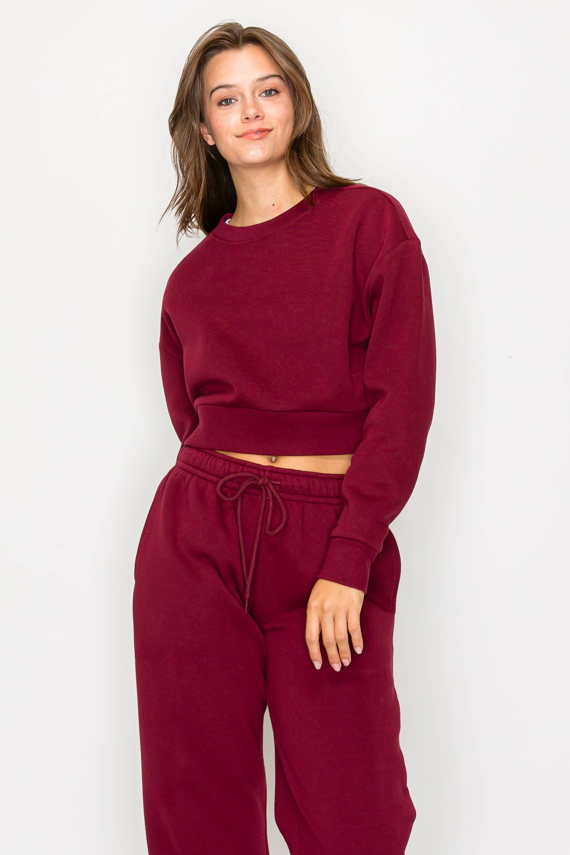 Color 5 - Wholesale Sweatshirt - Women's - Solid color fleece lined cropped basic pull over sweatshirt 7