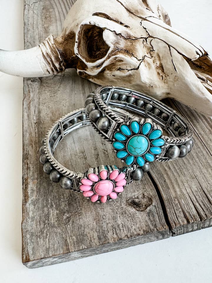 Navajo Style Pearl with Concho Stretch Bracelet for wholesale by Boho Ranch Shop