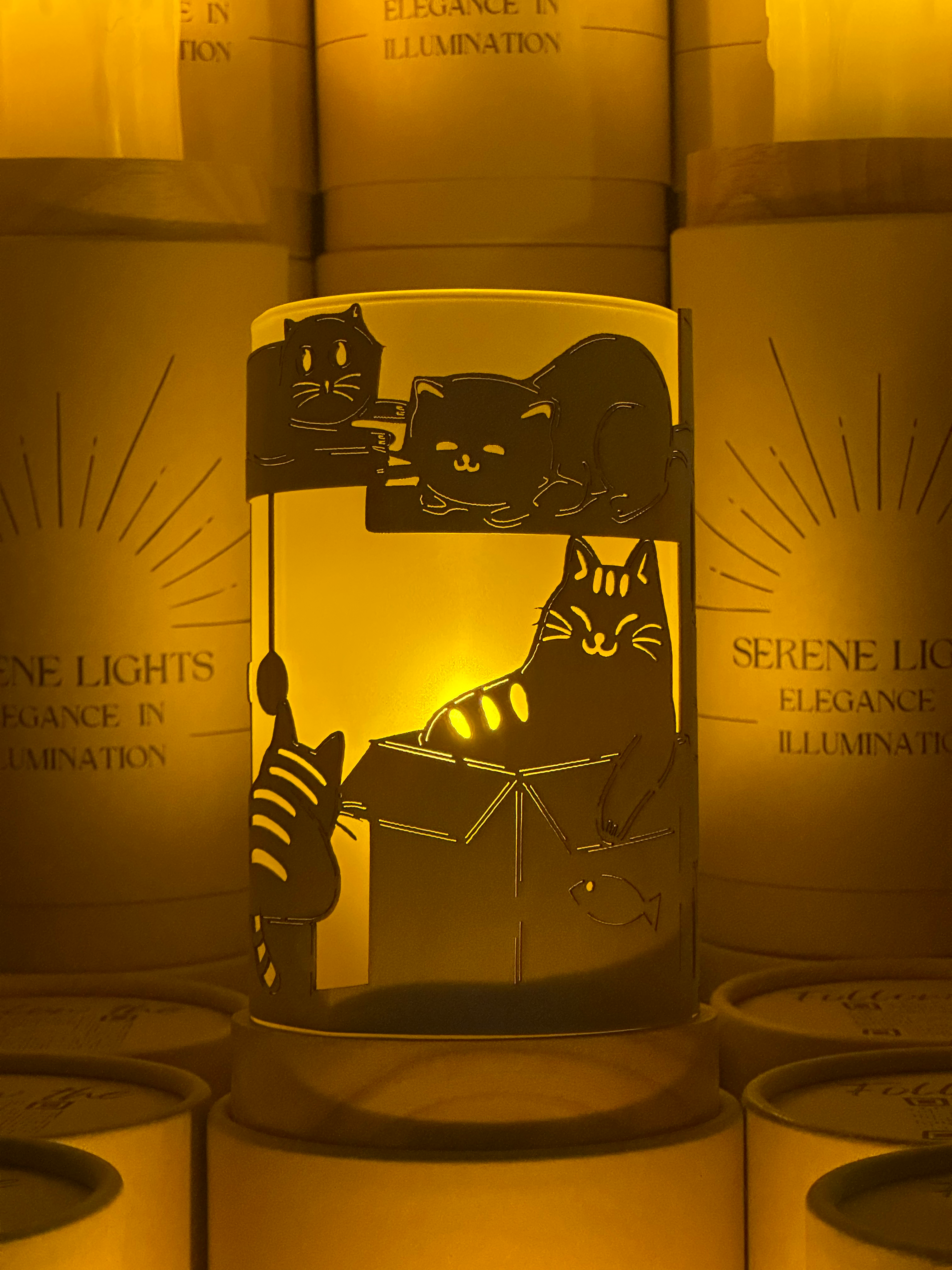 Serene Lights - Wholesale Flameless Candle - Cats & Boxes, Decorative Candle Holder – Laser Etched, Handmade Wood Veneer, Rechargeable LED Candle3