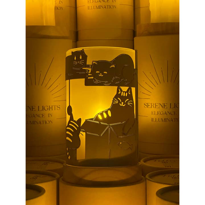 Serene Lights - Wholesale Flameless Candle - Cats & Boxes, Decorative Candle Holder – Laser Etched, Handmade Wood Veneer, Rechargeable LED Candle
3