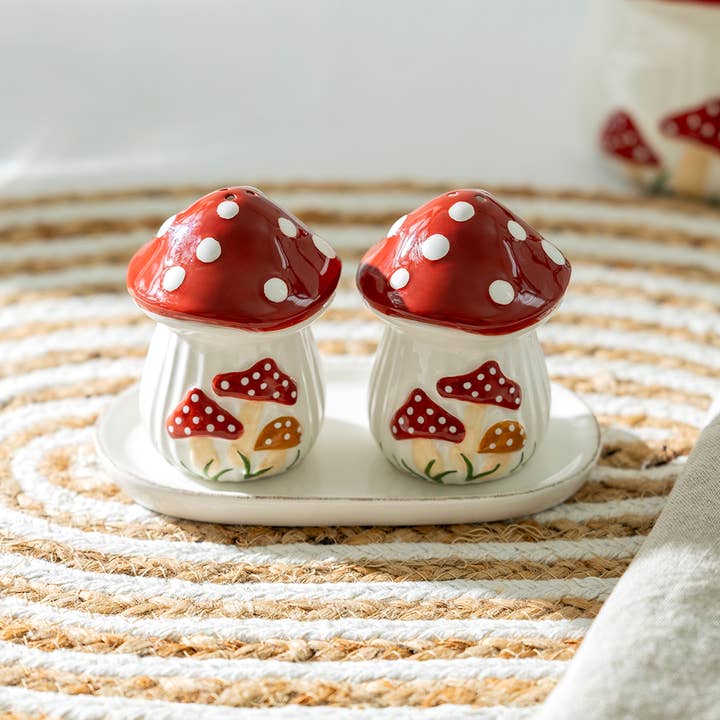 Gift Boxed Fairytale Red Mushroom Salt and Pepper Shaker Set for wholesale by Grace Teaware
