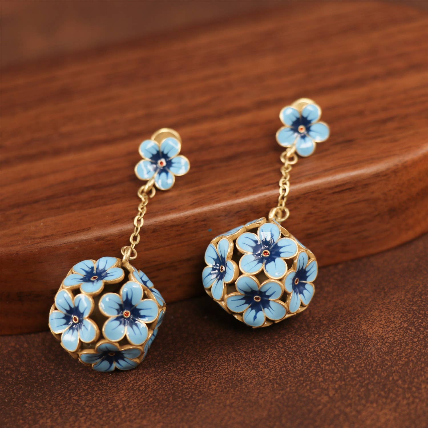 GirlyPirateCo - Wholesale Dangle Earrings - Charming Blue Enamel Floral Drop Earrings with Gold Plated1