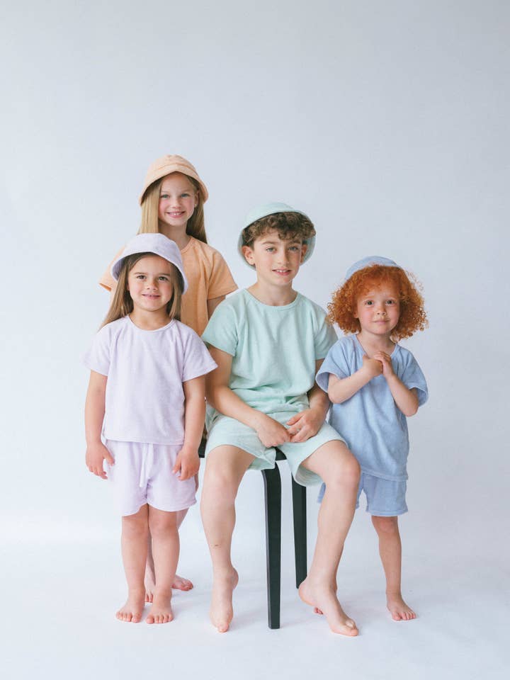 Soft Mint Sunset 3 Piece Towelling Cotton Summer Set Hat for wholesale on Faire