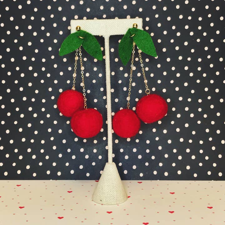 Maraschino Cherry Fruit Felt Earring for wholesale by Honey Loom Designs