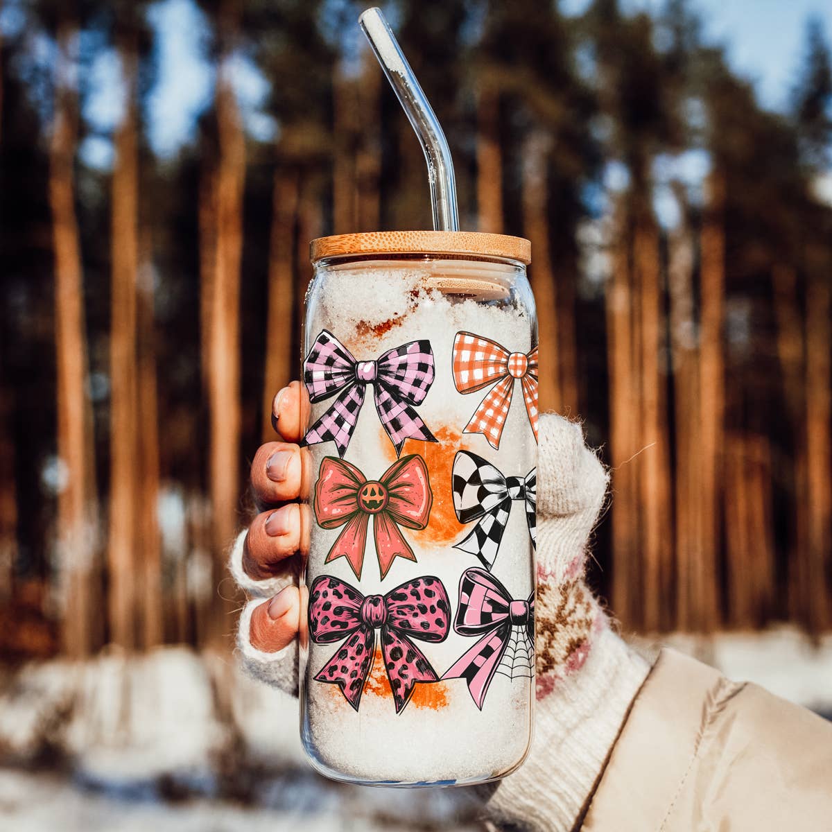 Gia Roma - Wholesale Drinking Glass/Cup - Candy Cane Christmas Can Glass. Cup With Glass Straw & Lid137