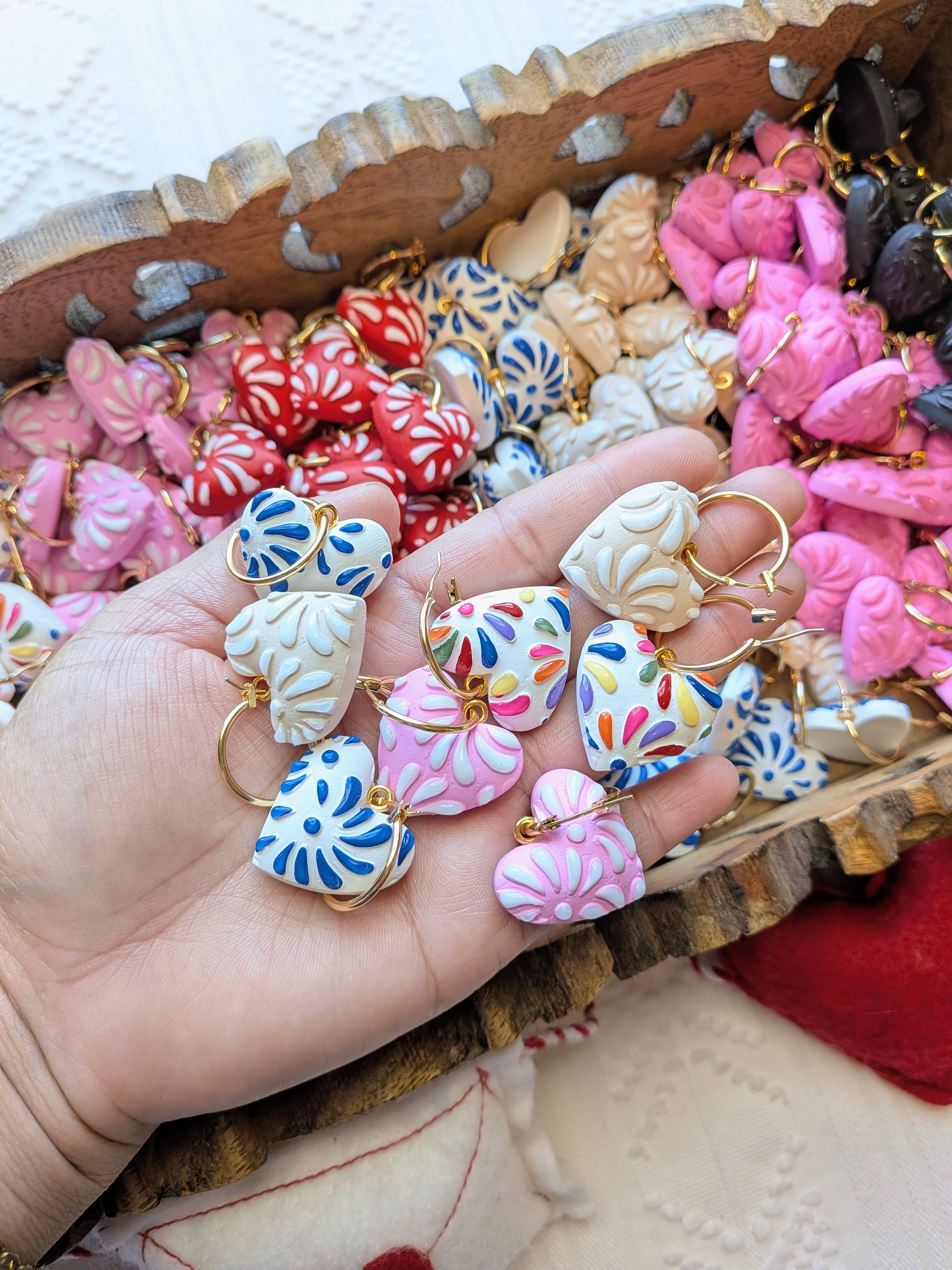 Moon & Cats - Wholesale Dangle Earrings - Blue talavera on white hearts 2