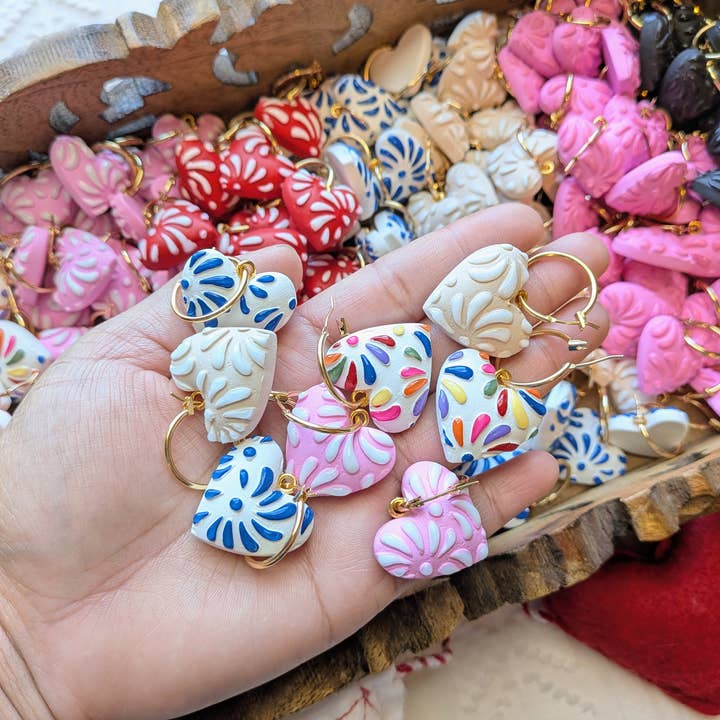 Moon & Cats - Wholesale Dangle Earrings - Otomi talavera hearts3
