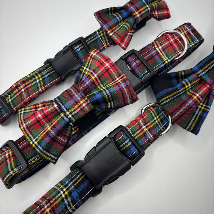 Plaid dog collar with bow tie, handmade dog collar & bow set for wholesale by Baylor's Bow Ties