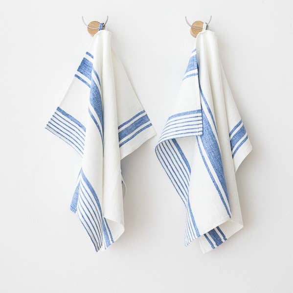 Set of 2 Linen Hand or Tea Towels Off White Blue Tuscany for wholesale by LinenMe