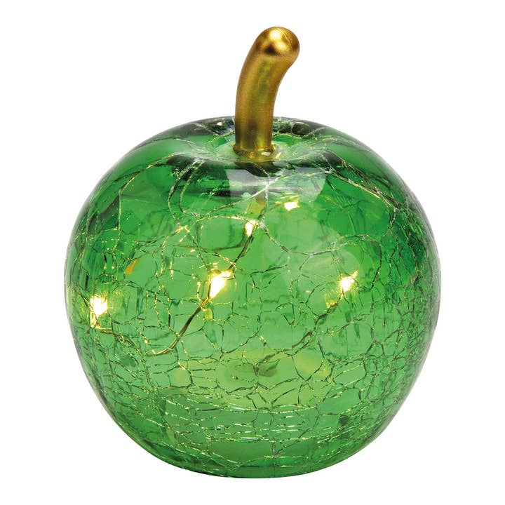 Apple with 5 LED lights made of dark green glass (W/H/D) 7x9x7cm with timer, battery operation CR2032 not included for wholesale by Wurm