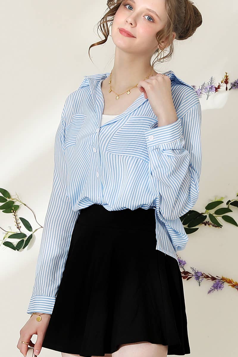 NINEXIS - Wholesale Button Down Shirt - Women's - CWTSTL716_Striped Button Down Long Sleeve Collared Shirts12