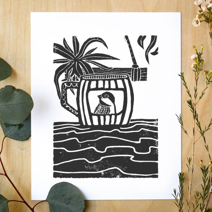 Bird Mug Block Prints: Hand-Printed Originals for wholesale by Birds & Blossoms