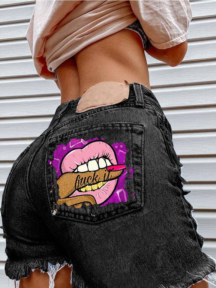 Tourtiwi - Vente Short – femme - Jean déchiré imprimé Bite Finger1