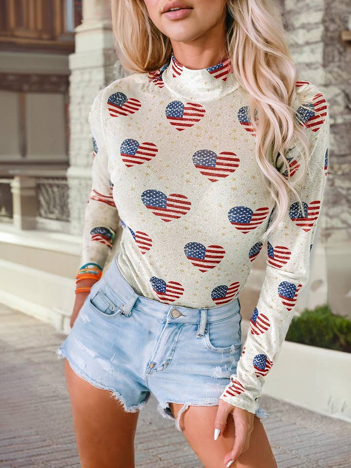 Americana Glitter Mesh Long Sleeve Bodysuit for wholesale by 1 the Woman