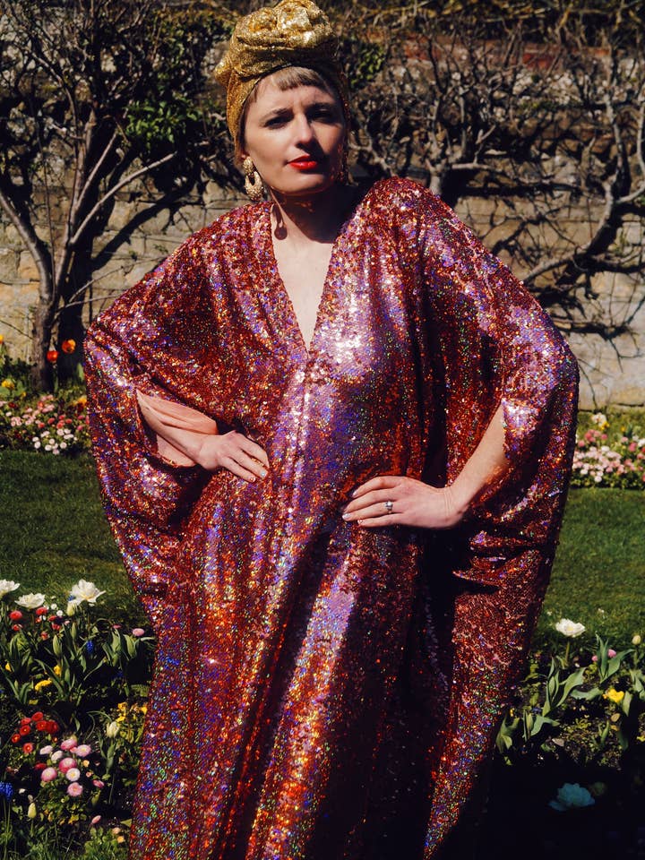 Fumbalinas - Wholesale Kaftan – Women's - Rose Gold Holographic Sequin V-neck Kaftan Gown22