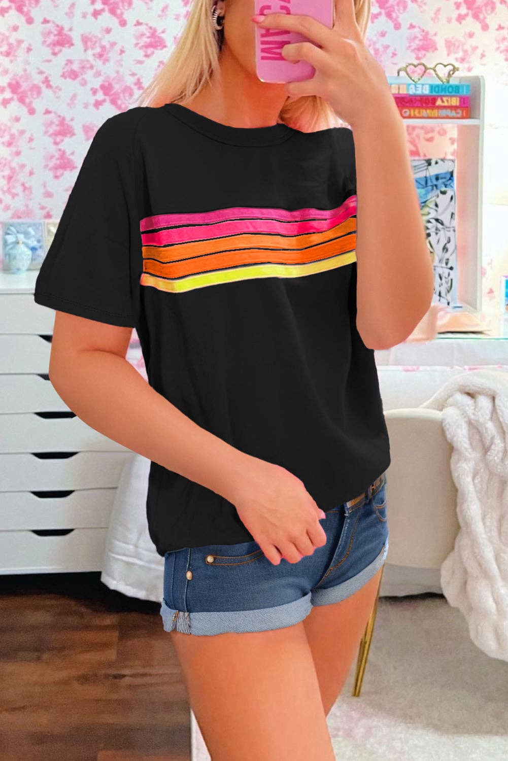 Lovesoft - Vendita all'ingrosso Maglietta - Donna - Maglietta casual a tinta unita con toppa a righe sul davanti6